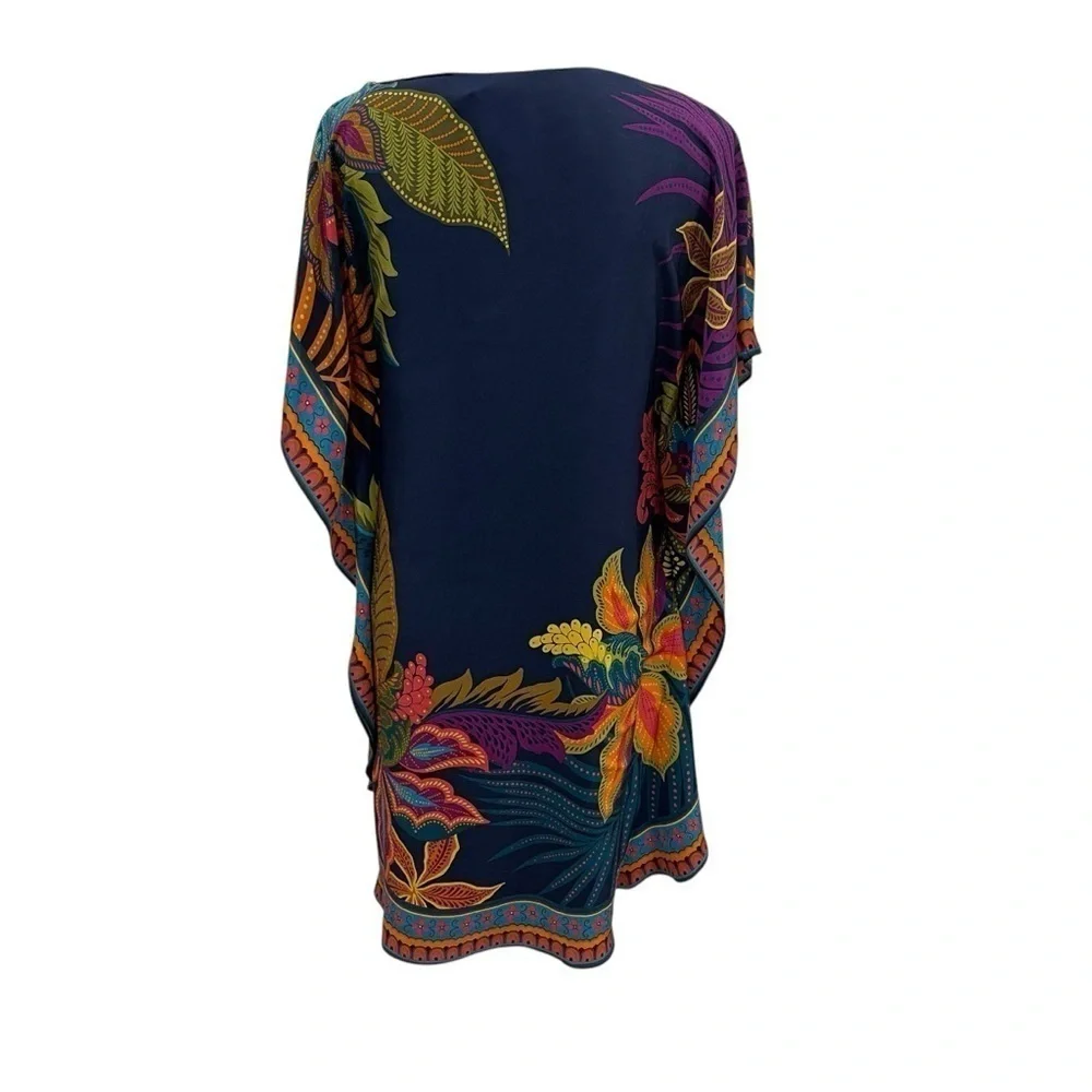 Trina Turk Global Silk Caftan Dress Womens Extra Small Navy Floral Tropical $398 - Picture 10 of 14